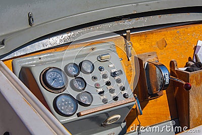 Helm of a boat, vintage wooden navigation panel Stock Photo