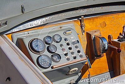 Helm of a boat, vintage wooden navigation panel Stock Photo