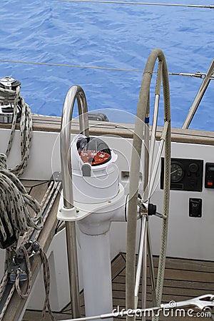 Helm of a sailboat Stock Photo