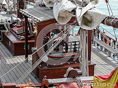 Helm wheel and miscellaneous equipment of a shooner Stock Photo