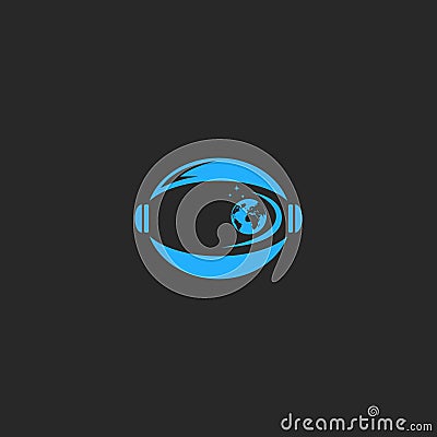 Helmet astronaut logo, abstract figure cosmonaut discoverer with the reflection of the planet Earth, the stars and the galaxy of Vector Illustration