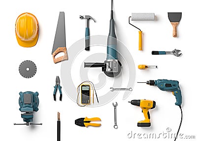 Helmet, drill, angle grinder and other construction tools Stock Photo