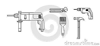 helmet, drill, angle grinder and other construction tools on a white background isolated isolated icons building tools repair, Cartoon Illustration