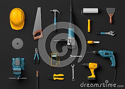 Helmet, drill and construction tools Stock Photo