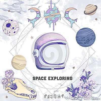 Helmet with explore word graphic design. Hand drawn illustration, purple color with planets and alien skull, Clip art set isolated Stock Photo