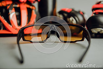Helmet, gloves and water bottle - bicycle accessories Stock Photo