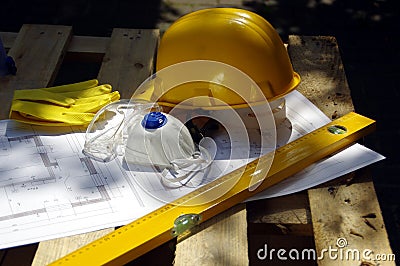 Helmet, goggles and gloves - personal protective equipment Stock Photo