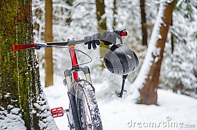 Helmet hangs on the handlebars Stock Photo