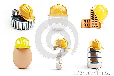 Helmet worker, gears, electronic database, question mark, egg helmet Cartoon Illustration