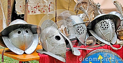 Helmets of ancient Roman origin and medieval helmets of brave kn Stock Photo