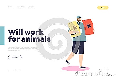 Help animals landing page with man donating bags of pet food to animal shelter Vector Illustration