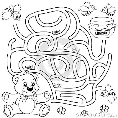 Help bear find path to honey. Labyrinth. Maze game for kids. Black and white vector illustration for coloring book Vector Illustration