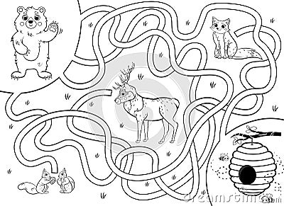 Help the bear find the way to the hive with honey. Cartoon maze or labyrinth game for preschool children. Puzzle. Tangled road. Vector Illustration