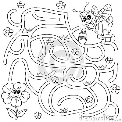 Help bee find path to flower. Labyrinth. Maze game for kids. Black and white vector illustration for coloring book Vector Illustration