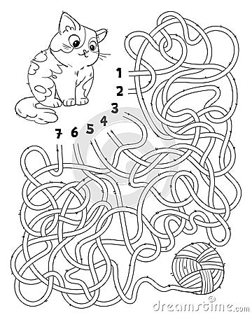 Help cat find the right thread that leads to the ball of wool. Children logic game to pass maze Vector Illustration