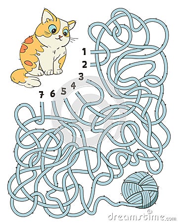 Help cat find the right thread that leads to the ball of wool.. Children logic game to pass the maze Vector Illustration