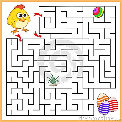 Help Chicken to find the right path to eggs, ball, grass. 3 entrances, 3 way. Square Maze Game with Solution. Answer Vector Illustration