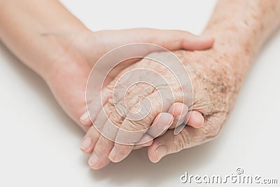 Help concept,The helping hands for elderly home care. Stock Photo