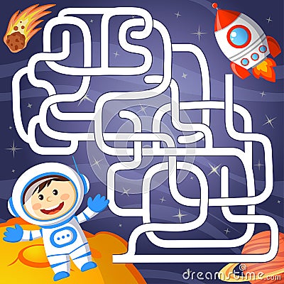 Help cosmonaut find path to rocket. Labyrinth. Maze game for kid Vector Illustration