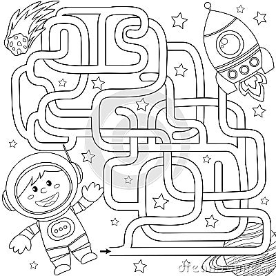 Help cosmonaut find path to rocket. Labyrinth. Maze game for kids. Black and white vector illustration for coloring book Vector Illustration