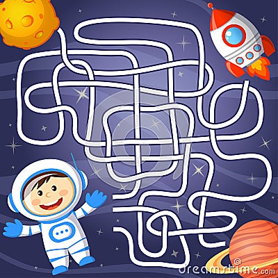 Help cosmonaut find path to rocket. Labyrinth. Maze game for kids Vector Illustration