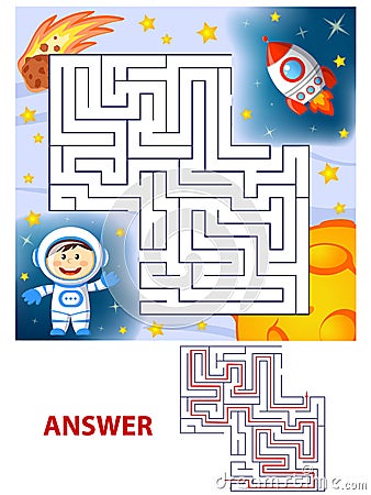 Help cosmonaut find path to rocket. Labyrinth. Maze game for kids Vector Illustration