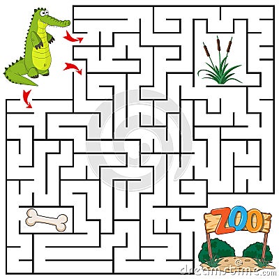 Help Crocodile to find the right path to Zoo, bone, grass. Three entrances, one exit. Answer under the layer. Square Maze Game. Vector Illustration