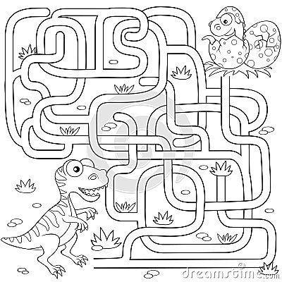 Help dinosaur find path to nest. Labyrinth. Maze game for kids. Black and white vector illustration for coloring book Vector Illustration