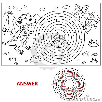 Help dinosaur find path to nest. Labyrinth. Maze game for kids. Coloring page Vector Illustration