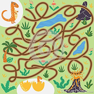 Help dinosaur find path to nest. Labyrinth. Maze game for kids. Help dino moms to find their eggs kid learning game with Vector Illustration