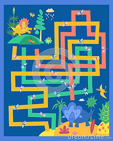 Help dinosaur meet his friend. Follow path where he will meet 10 dragonflies. Dinosaurs in Jurassic Park. Maze game for Vector Illustration