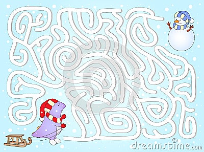 Help dinosaur to find way to his friend snowman in a winter maze Vector Illustration