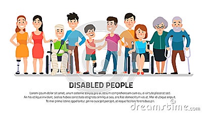 Help disabled person. Happy disability people, young student in wheelchair, handicapped boy with group of friends vector Vector Illustration