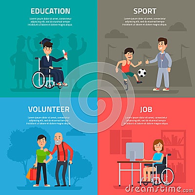 Help disabled persons. Volunteer work, sports and rehabilitation, opportunity of education and job for handicapped Vector Illustration