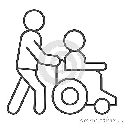 Help disabled thin line icon. Man on wheelchair vector illustration isolated on white. Disability people help outline Vector Illustration