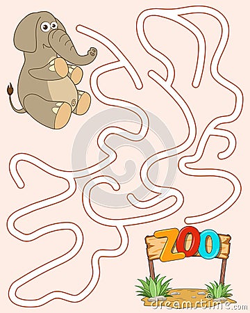 Help the elephant find way to Zoo. Logic Game for kids. Entry and exit. Labyrinth with solution. Educational maze game Vector Illustration