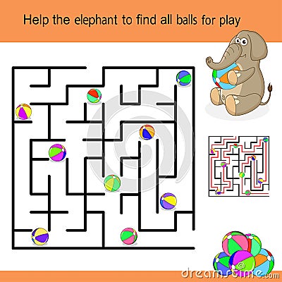 Help the elephant to find all balls for play. Funny maze and cute cartoon character isolated on colorful background. One entrance Vector Illustration