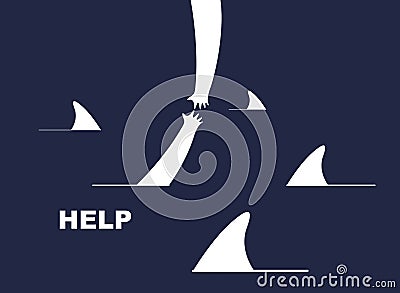 Help and empathy concept two hands helping one another to get out from sea full of sharks vector simple minimal illustration, care Vector Illustration