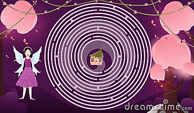 Help find way little cute fairy to her home, find way logical game for kids, circle labyrinth in cartoon style Vector Illustration