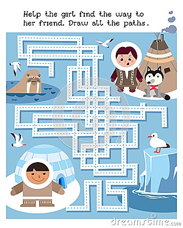 Help girl find way to her friend. Draw all paths. Maze game activity for kids. vector illustration. Vector Illustration