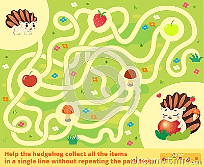 Help the hedgehog collect all the items in a single line without repeating the path twice. Color maze or labyrinth game for Vector Illustration