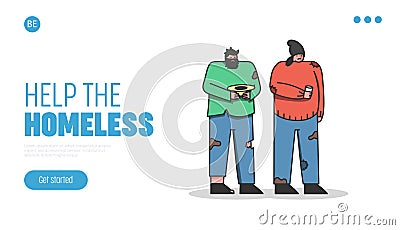 Help homeless. Unemployed poor people begging money. Donation landing page design Vector Illustration