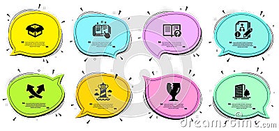 Open box, Technical documentation and Algorithm icons set. Help, Intersection arrows and Buildings signs. Vector Vector Illustration