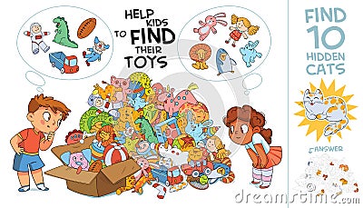 Help kids find their toys. Find hidden objects. Visual game Vector Illustration