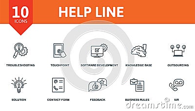 Help Line icon set. Collection contain key performance, knowledge base, outsourcing, software development kit Vector Illustration