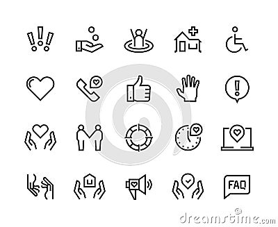 Help line icons. Support health care, manual faq guide, family life care community charity donate. Help and support set Vector Illustration