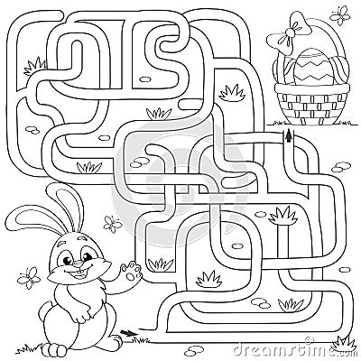Help little bunny find path to Easter basket with eggs. Labyrinth. Maze game for kids. Black and white vector illustration for col Vector Illustration