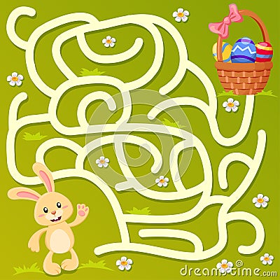 Help little bunny find path to easter basket with eggs. Labyrinth. Maze game for kids Vector Illustration