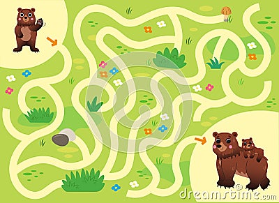 Help the little lost bear find the way to his mom. Color cartoon maze or labyrinth game for preschool children. Puzzle. Tangled Vector Illustration
