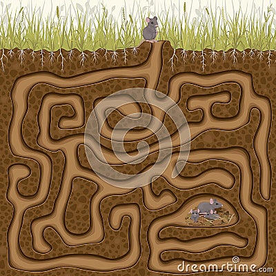 Help the little mouse find his family. Children`s maze game. Vector Illustration